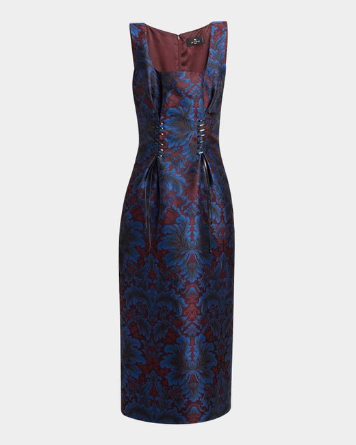 Etro Blue Floral Jacquard Laced Midi Dress