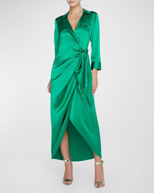 L'Agence Green Kadi Wrap Silk Maxi Dress