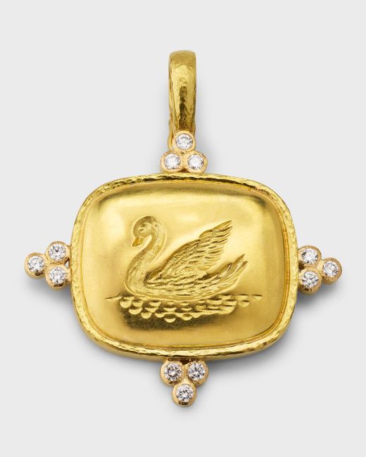 Elizabeth Locke Metallic 19k Gold Swan Cushion Pendant With 2.5mm Diamond Triads