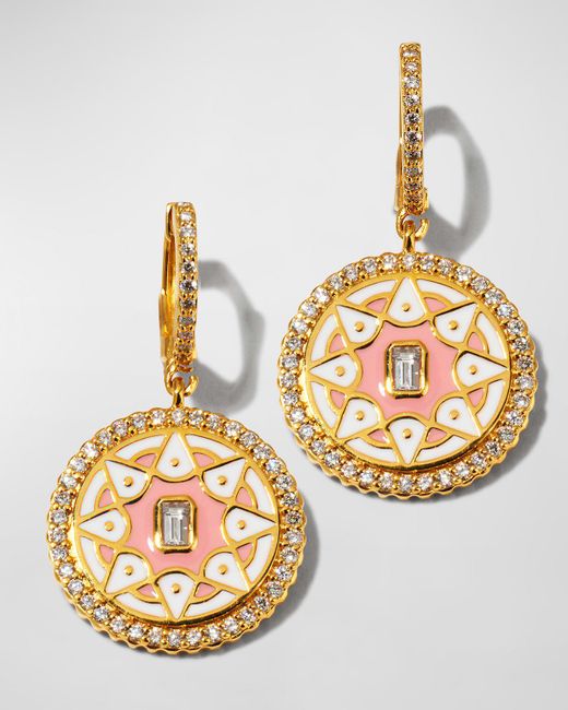 Buddha Mama Metallic 20k Pink And White Enamel Mandala Coin Earrings With Diamonds