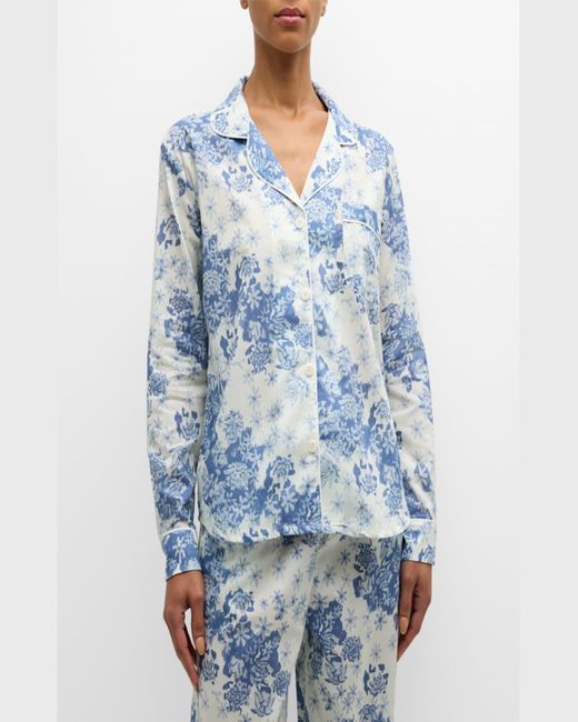 Desmond & Dempsey Blue Floral-Print Cotton Pajama Set