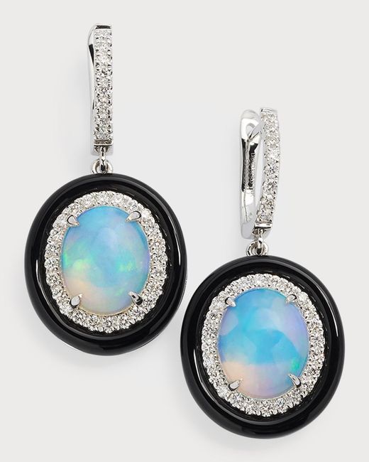 David Kord Blue 18k White Gold Earrings With Opal Ovals, Diamonds And Black Frame, 3.55tcw