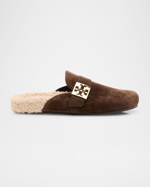 Tory Burch Brown Mellow Suede Shearling Mules