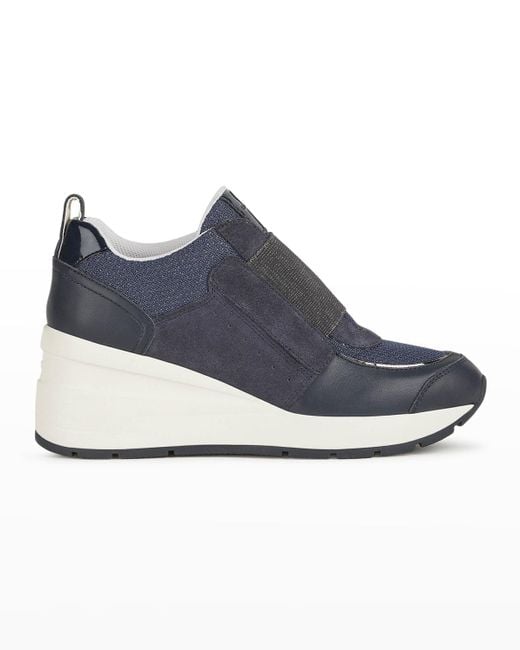 Geox Zosma Leather Wedge Sneakers Blue | Lyst