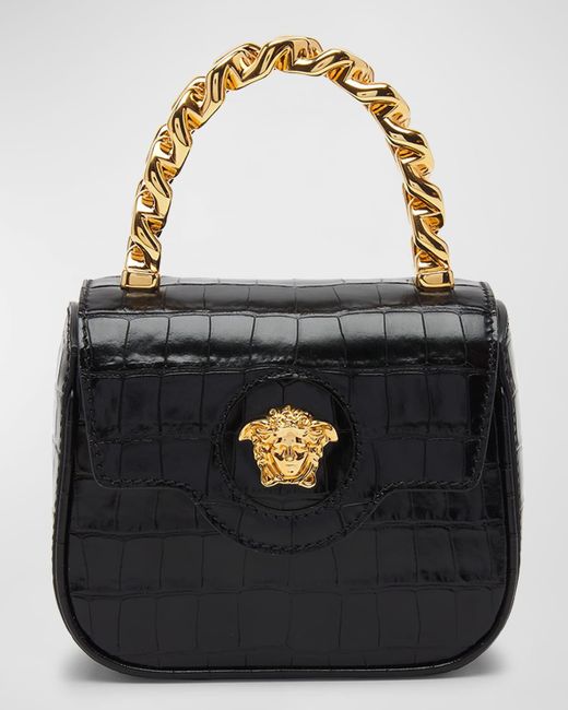 Versace Black La Medusa Mini Croc-embossed Top-handle Bag