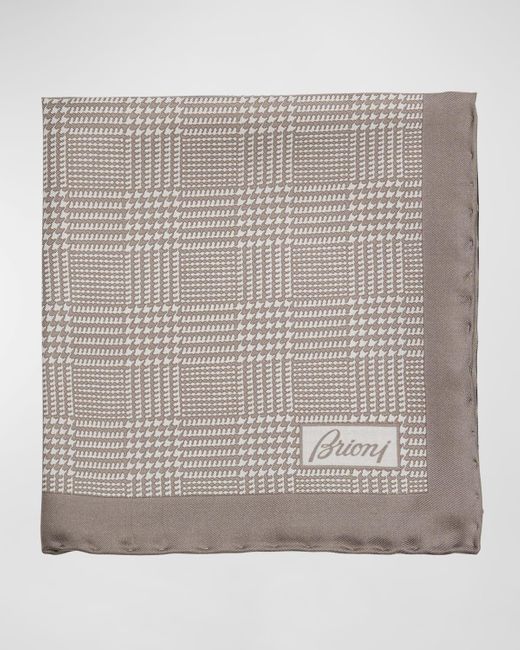Brioni Gray Silk Prince Of Wales Check Pocket Square for men