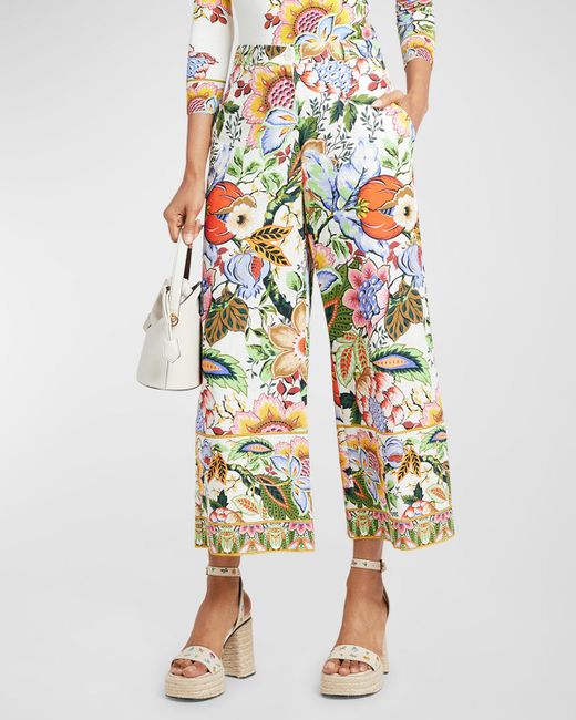Etro Multicolor Tree Of Life Cropped Cotton Wide-leg Pants