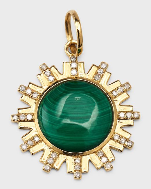 Kastel Jewelry Green 14k Yellow Gold Round Malachite Pendant With Diamonds
