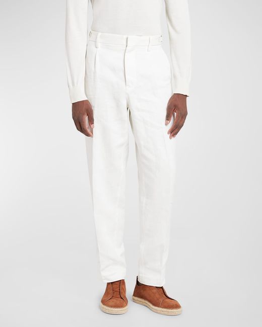 Zegna White Oasi Linen Pleated Pants for men