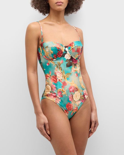 L'Agence Blue Amie Roses Underwire Bandeau One-Piece Swimsuit