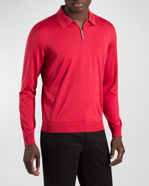 Stefano Ricci Red Silk Quarter-zip Polo Sweater for men