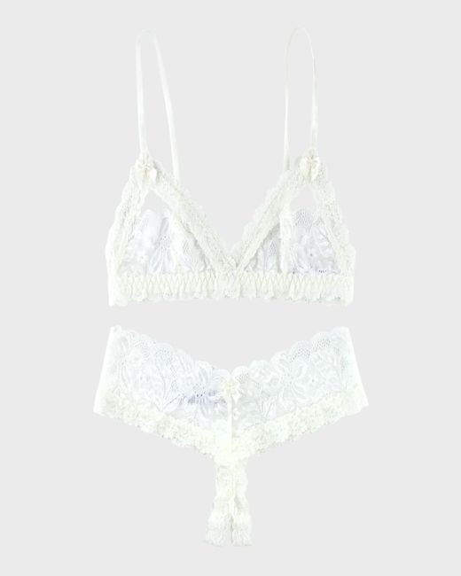 Hanky Panky White Honeymoon Lace Crotchless Thong And Bralette Set