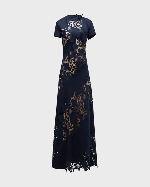 Oscar de la Renta Blue Diagonal Botanical Guipure Inset Cap-Sleeve Open-Back Maxi Dress