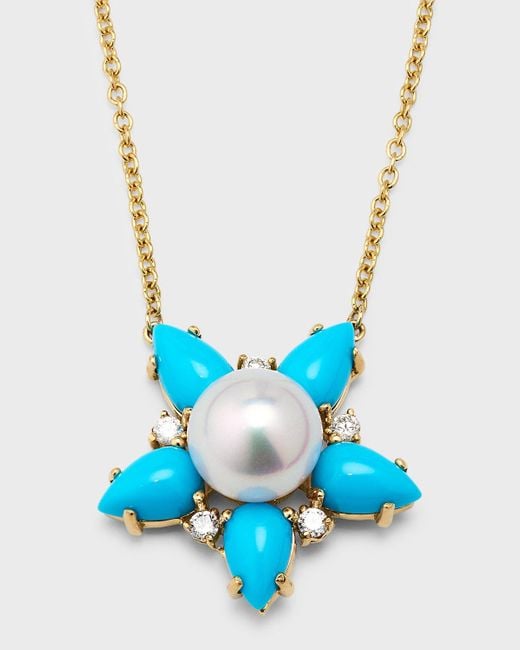 Pearls By Shari Blue 18k Yellow Gold Akoya Pearl, Diamond And Pear Shape Turquoise Necklace, 18"l