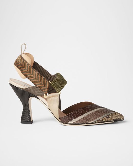Fendi Metallic Colibri Mixed-Media Iconic Slingback Pumps