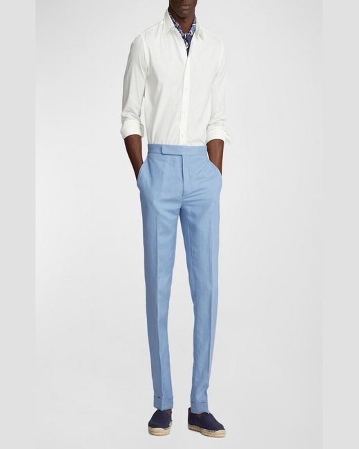 Ralph Lauren Purple Label Blue Gregory Hand-Tailored Silk-Linen Trouser for men