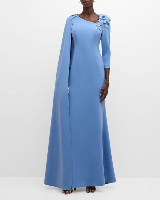 Teri Jon Blue Asymmetric Cape-Sleeve Gown