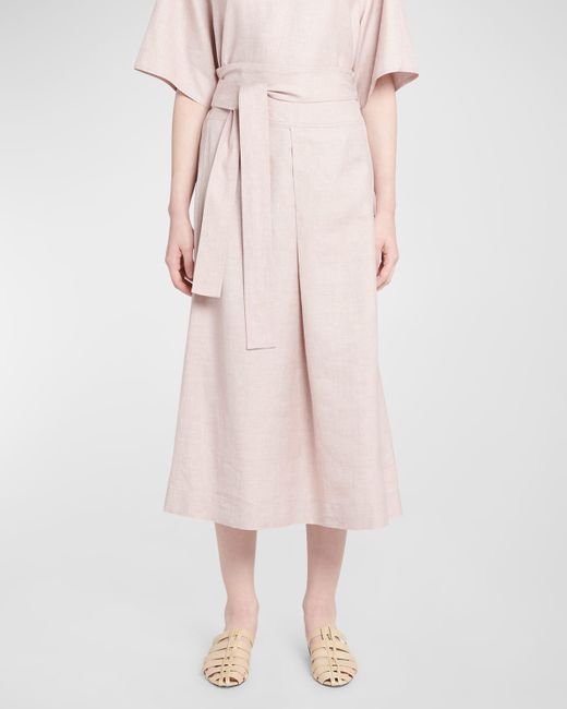 Loro Piana Pink Ariel Spring Linen-wool Belted Midi Skirt
