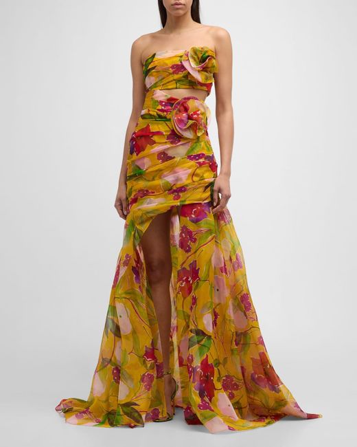 Carolina Herrera Multicolor Strapless Flower-Applique Gathered Cutout High-Low Gown