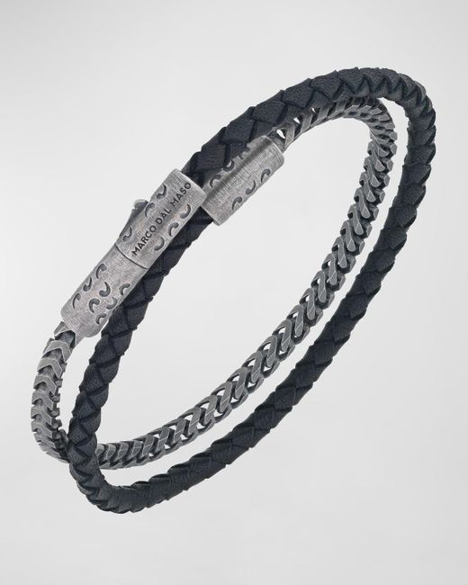 MARCO DAL MASO Metallic Lash Sterling Silver Chain & Leather Double Wrap Bracelet for men