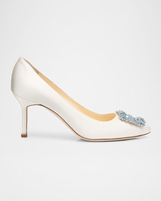 Manolo Blahnik Metallic 70Mm Hangisi Satin Pumps With Crystal Buckle