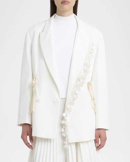 Plan C White Sequin-Fringe Drawstring Double-Breasted Blazer Jacket