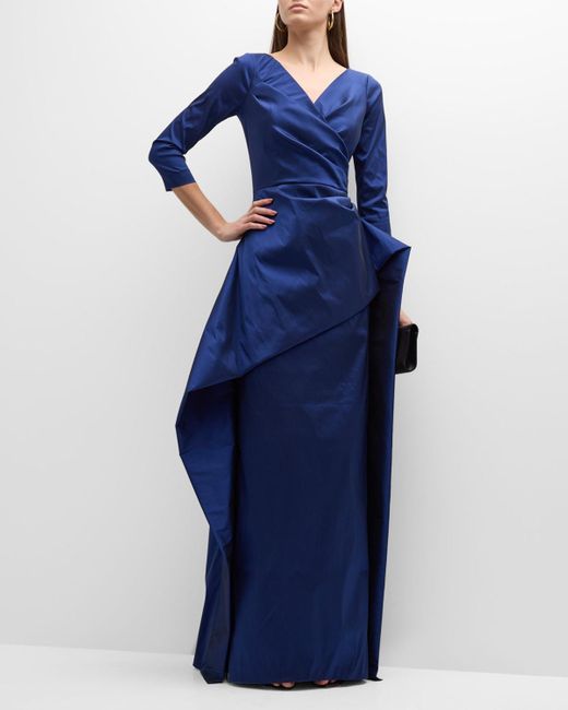 Teri Jon Blue 3/4-Sleeve Pleated Taffeta Column Gown
