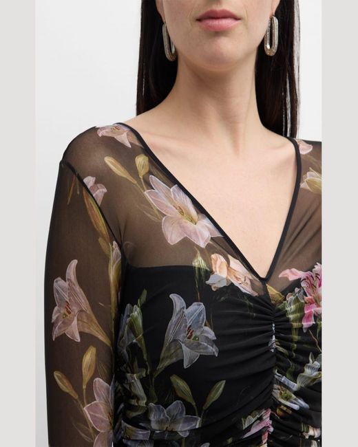 La Petite Robe Di Chiara Boni Black Amonia Illusion-Sleeve Floral-Print Midi Dress