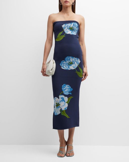 Lela Rose Blue Strapless Floral Knit Midi Dress