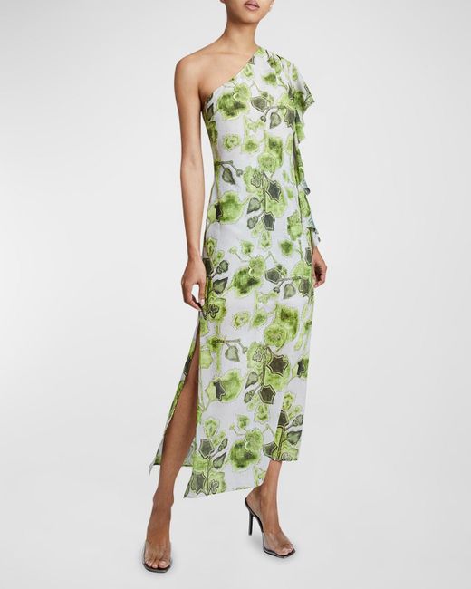 Santorelli Green Luna One-Shoulder Floral-Print Midi Dress