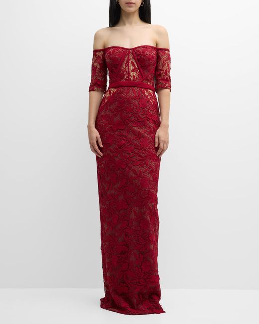 Pamella Roland Red Off-the-shoulder Cutout Lace Column Gown