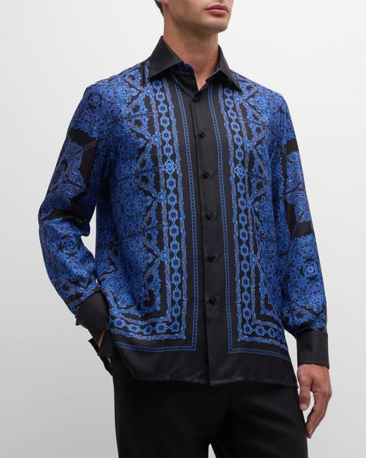 Stefano Ricci Blue Medallion-Print Silk Overshirt for men