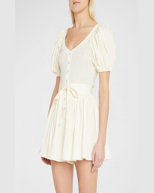 Ulla Johnson White Vinny Pleated Puff-Sleeve Playsuit With Belt