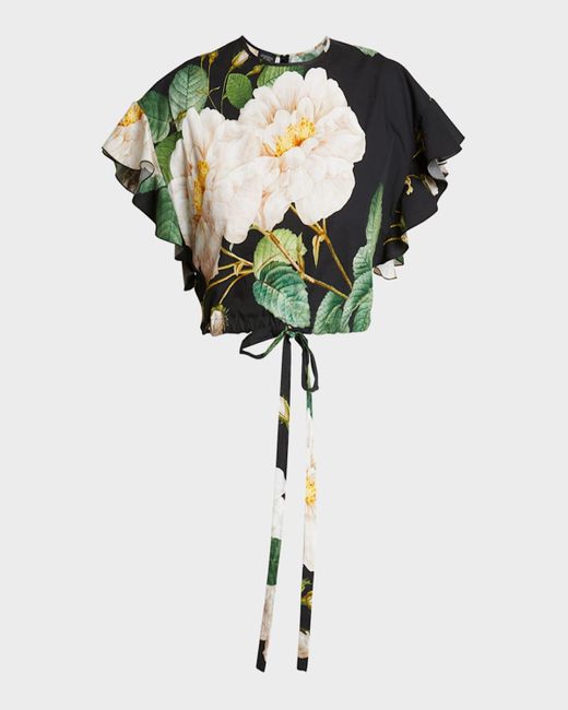 Giambattista Valli Green Floral-Print Ruffle-Sleeve Drawstring Crop Blouse