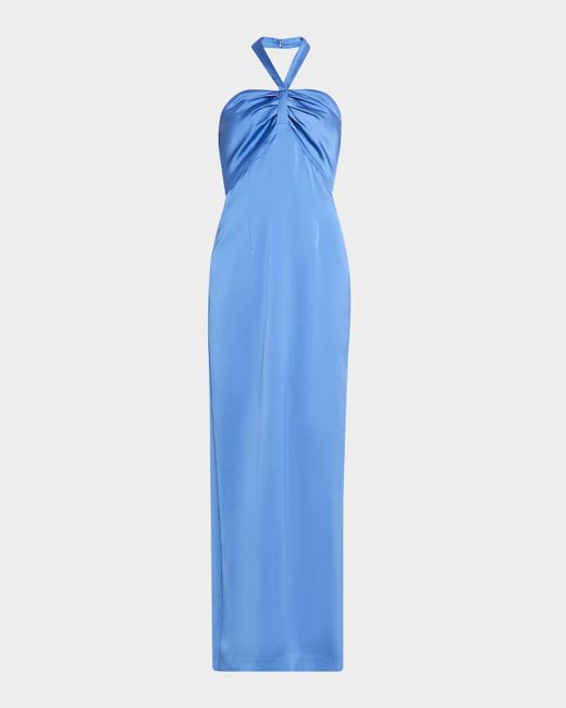 Ramy Brook Blue Amrita Pleated Halter Column Gown