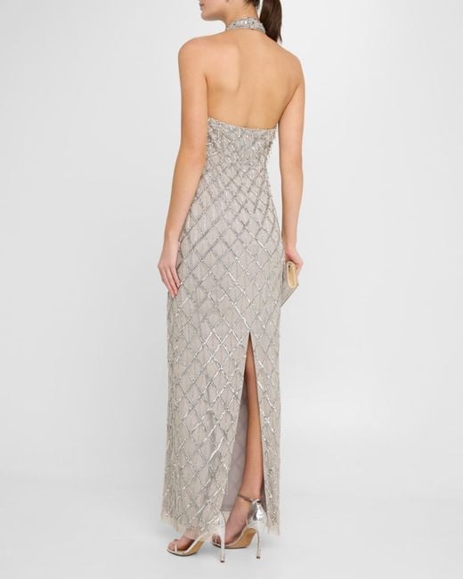 Aidan Mattox Beaded Halter Column Gown in White | Lyst
