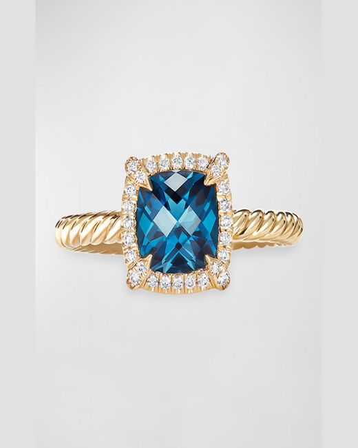 David Yurman Petite Chatelaine Pave Bezel Ring In 18k Gold With Blue Topaz, Size 6