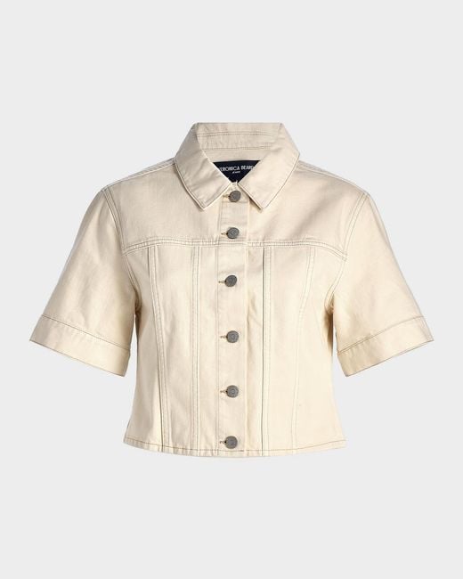 Veronica Beard Natural Malcom Short-Sleeve Cropped Denim Jacket