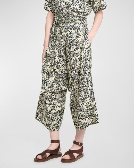Loro Piana Multicolor Yuki Flower-Print Wrap-Waist Wide-Leg Crop Linen Pants