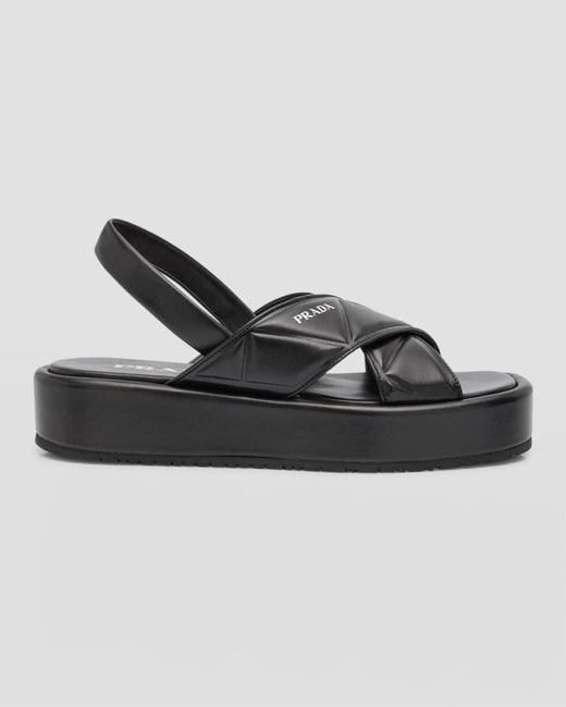 Prada Black Quilted Leather Crisscross Flatform Sandals