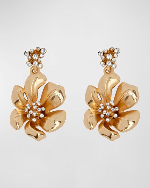 Oscar de la Renta Metallic Flower Drop Earrings With Crystals