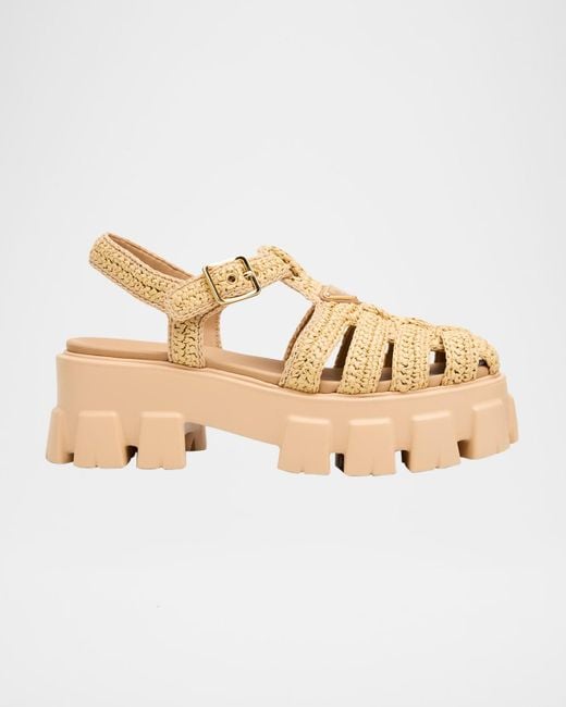 Prada Natural Monolith Raffia Chunky Fisherman Sandals