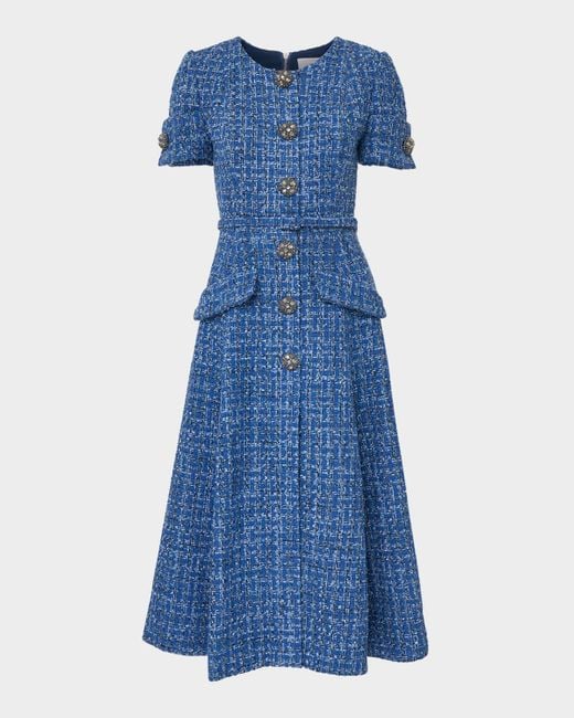 Carolina Herrera Blue Crystal Button-Front Tweed Midi Dress With Belt