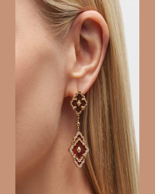Buccellati Metallic Opera Tulle Pendant Earrings In Red Enamel With Diamonds And 18k Yellow Gold