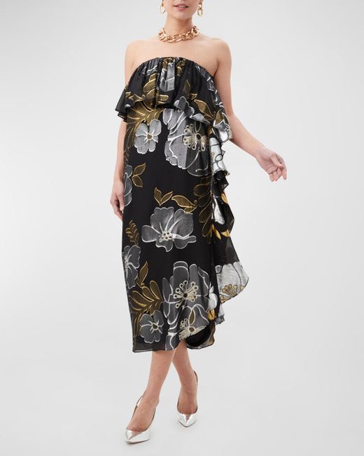Trina Turk Black Itsuki Strapless Floral-Print Ruffle Midi Dress