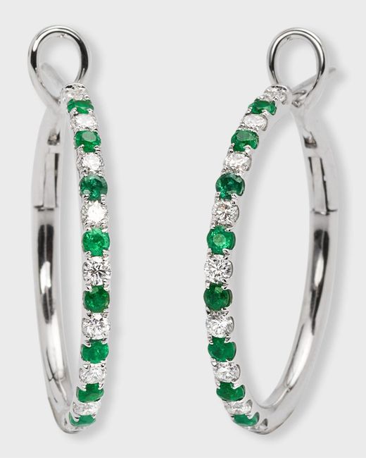 Frederic Sage Metallic 18k White Gold Alternating Diamond And Emerald Hoop Earrings