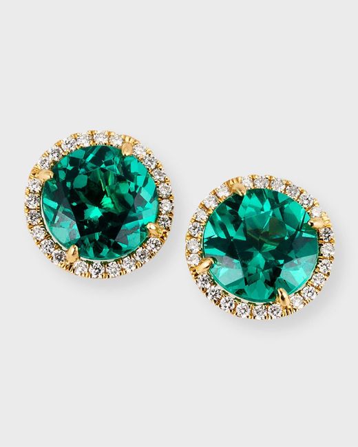 Frederic Sage Green 18k Yellow Gold Round Lab Grown Emerald Earrings With Diamond Halos