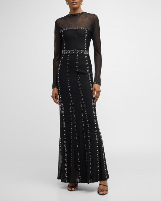 St. John Black Strass Embellished Long-sleeve Pleated Pique Gown