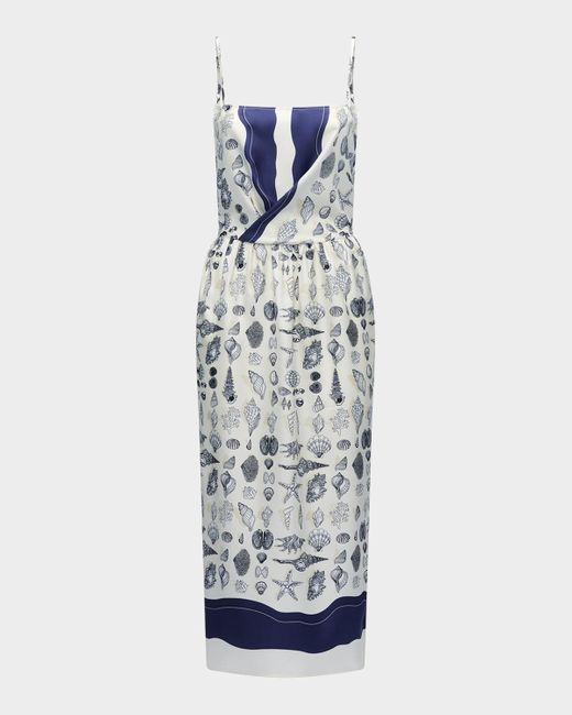 Callas Milano White Samantha Seashell-Print Silk Midi Dress
