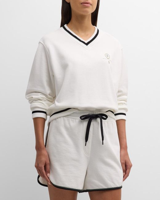 Brunello Cucinelli White Tennis Logo Embroidered V-neck Long-sleeve Cotton Sweatshirt